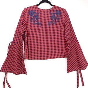 AQUA Checkered Bell Long Sleeve Shirt Floral Embroidery Womens Medium100% Cotton